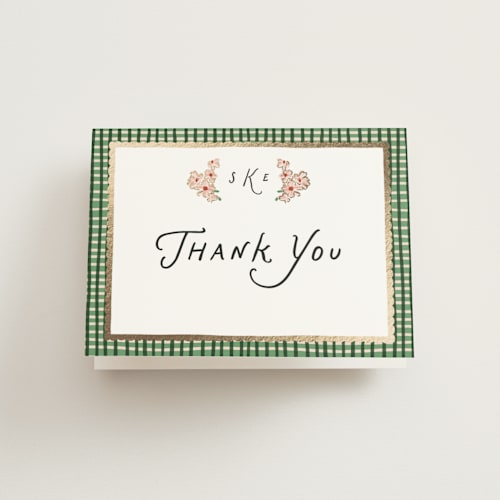 This is a sugar wedding thank you cards with foil pressed by Leah Bisch called flowers and ribbon printing on strathmore in standard