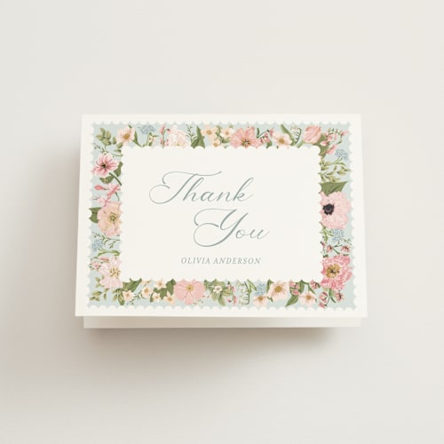 This is a blush bridal shower thank you cards with standard by Susan Moyal called blooming printing on strathmore in standard