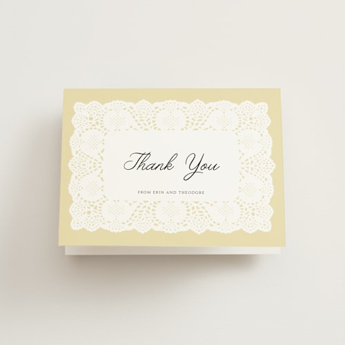 This is a butter bridal shower thank you cards with standard by Studio Suku called lace printing on strathmore in standard