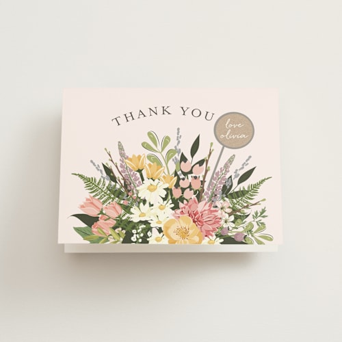 This is a blush bridal shower thank you cards with standard by Susan Moyal called flowers & greens printing on strathmore in standard