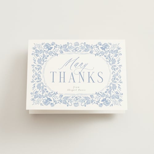 This is a periwinkle bridal shower thank you cards with standard by Joanna Griffin called french blue printing on strathmore in standard