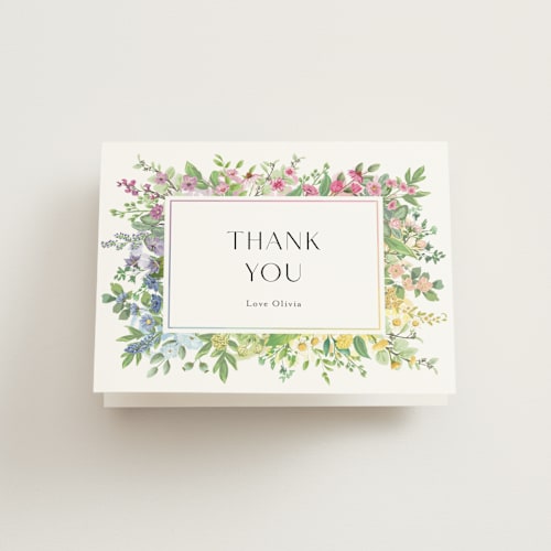 This is a cotton bridal shower thank you cards with standard by Susan Moyal called flower garden printing on strathmore in standard