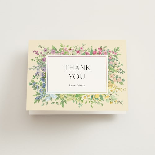 This is a sunshine bridal shower thank you cards with standard by Susan Moyal called flower garden printing on strathmore in standard