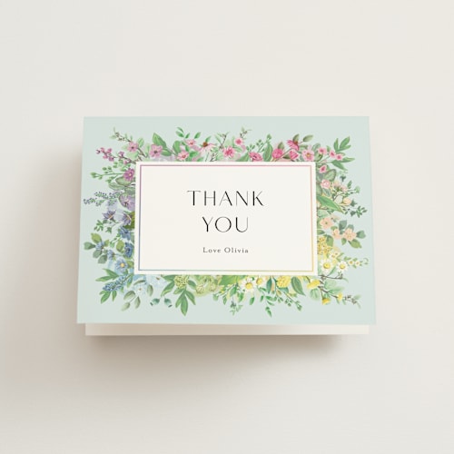 This is a mint bridal shower thank you cards with standard by Susan Moyal called flower garden printing on strathmore in standard