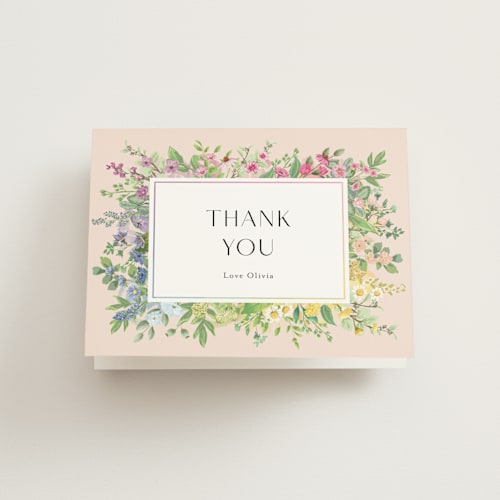 This is a peach bridal shower thank you cards with standard by Susan Moyal called flower garden printing on strathmore in standard