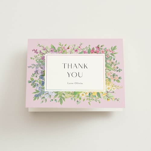 This is a lilac bridal shower thank you cards with standard by Susan Moyal called flower garden printing on strathmore in standard