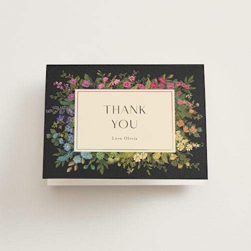 This is a midnight bridal shower thank you cards with standard by Susan Moyal called flower garden printing on strathmore in standard