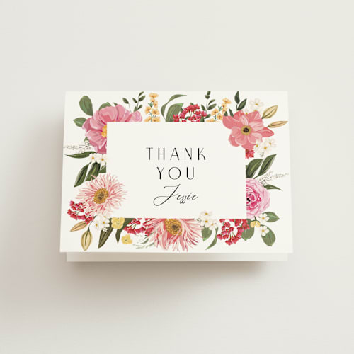 This is a coral bridal shower thank you cards with standard by Susan Moyal called summer fresh printing on strathmore in standard
