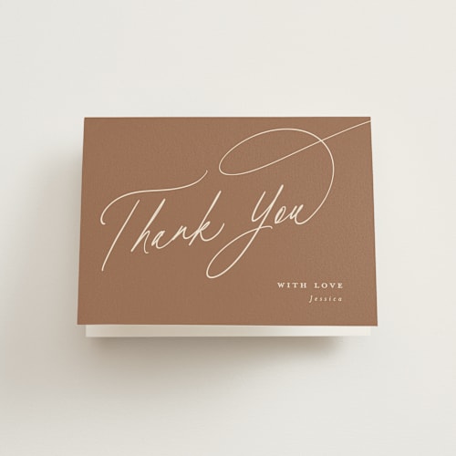 This is a cognac bridal shower thank you cards with standard by Joanna Griffin called minimal printing on strathmore in standard