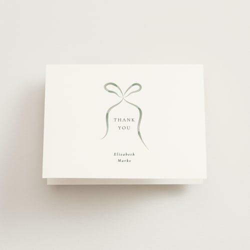 This is a sage bridal shower thank you cards with standard by Corinne Malesic called bow printing on strathmore in standard