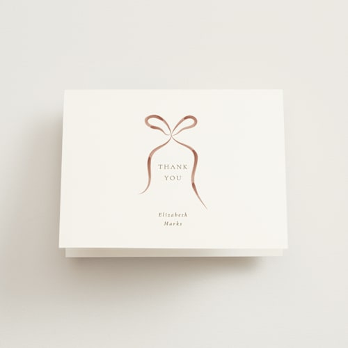 This is a crimson bridal shower thank you cards with standard by Corinne Malesic called bow printing on strathmore in standard