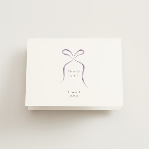 This is a lilac bridal shower thank you cards with standard by Corinne Malesic called bow printing on strathmore in standard