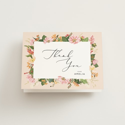 This is a peach bridal shower thank you cards with standard by Susan Moyal called bridal blooms printing on strathmore in standard