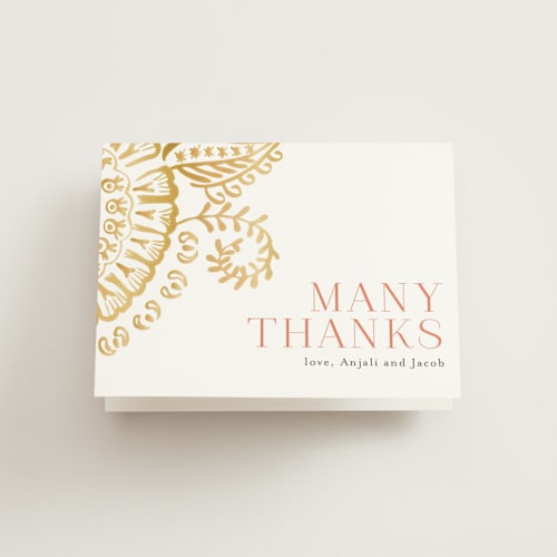This is a gold wedding thank you cards with standard by Laura Condouris called modern mehndi printing on strathmore in standard