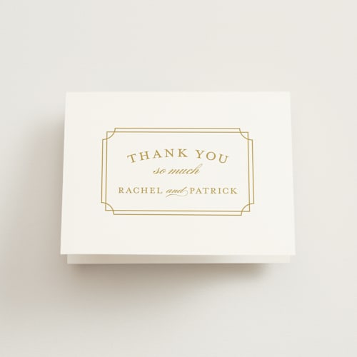 This is a gold wedding thank you cards with standard by Sarah Brown called luxe border printing on strathmore in standard