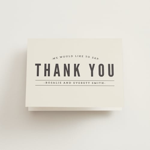 This is a mocha wedding thank you cards with standard by Melissa Egan of Pistols called classic type printing on strathmore in standard