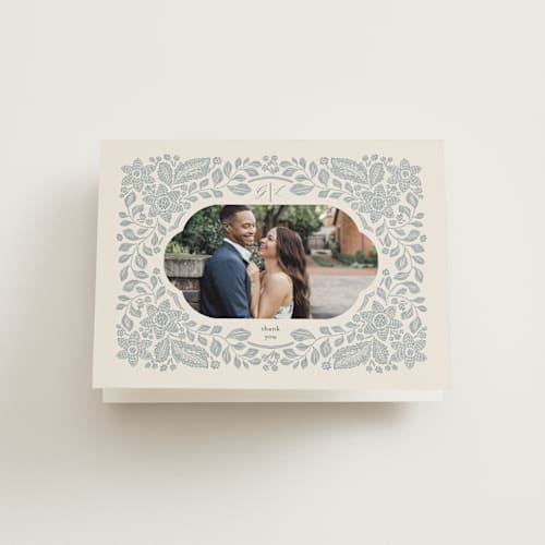 This is a dusty blue wedding thank you cards with standard by Jen Owens called embroidered printing on strathmore in standard