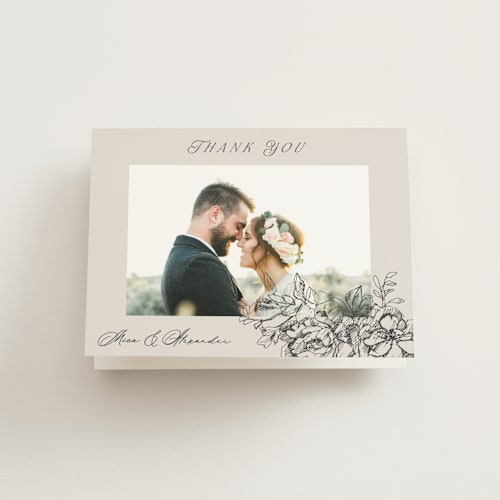 This is a stone wedding thank you cards with standard by Phrosné Barwood called etched floral printing on strathmore in standard