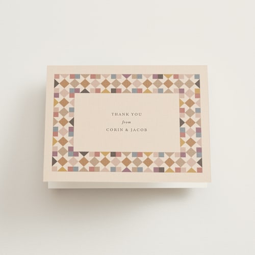 This is a autumn wedding thank you cards with standard by Jessica Yeo called prairie patchwork quilt printing on strathmore in standard