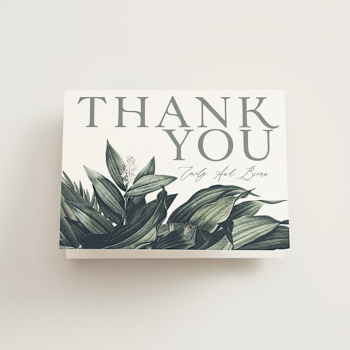 This is a sage wedding thank you cards with standard by GeekInk Design called vintage botanicals printing on strathmore in standard