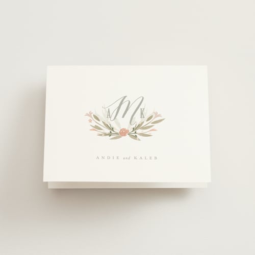 This is a peach wedding thank you cards with standard by Lori Wemple called monogram floral printing on strathmore in standard