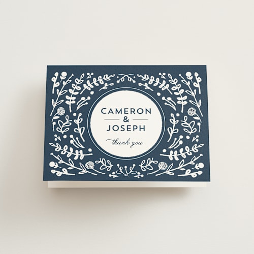 This is a navy wedding thank you cards with standard by Lori Wemple called floral frame square printing on strathmore in standard