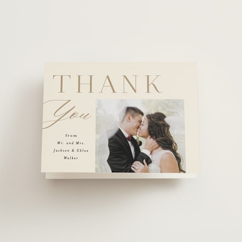 This is a vanilla wedding thank you cards with standard by Alethea and Ruth called left stack printing on strathmore in standard
