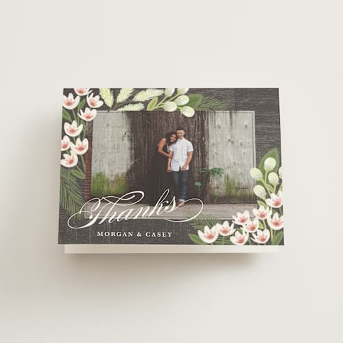 This is a champagne wedding thank you cards with standard by Griffinbell Paper Co. called rustic ranch printing on strathmore in standard