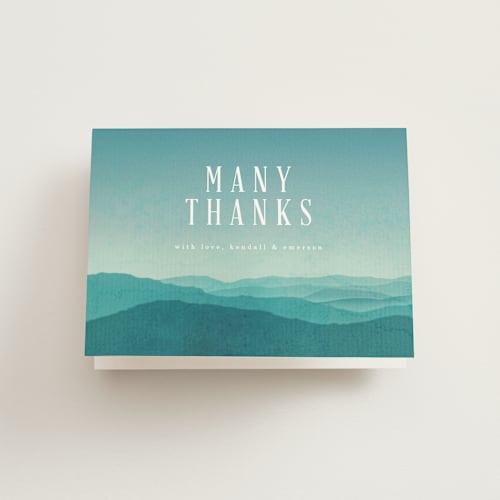 This is a sky wedding thank you cards with standard by Kelly Schmidt called misty mountain range printing on strathmore in standard