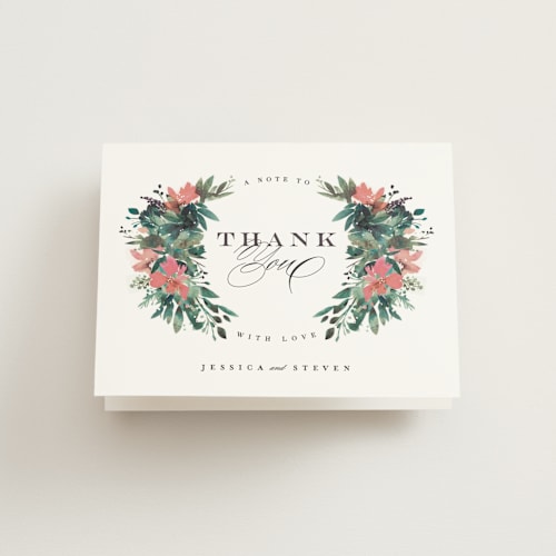 This is a peach wedding thank you cards with standard by Lori Wemple called painted laurel printing on strathmore in standard