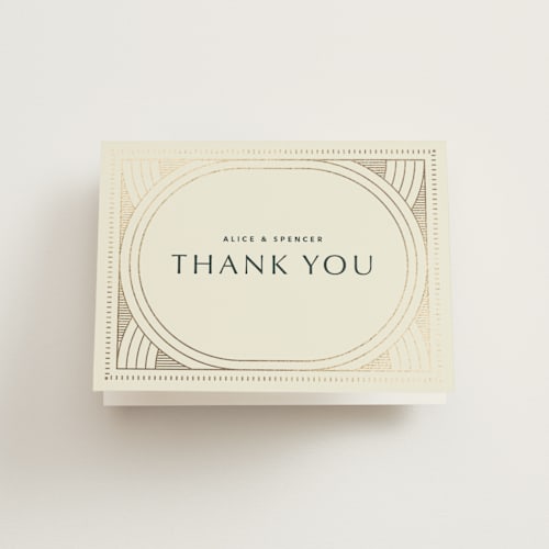 This is a fir wedding thank you cards with foil pressed by Kindred Fields called deco arch printing on strathmore in standard