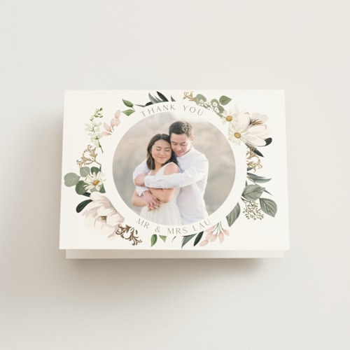 This is a verdant wedding thank you cards with foil pressed by Susan Moyal called country garden printing on strathmore in standard