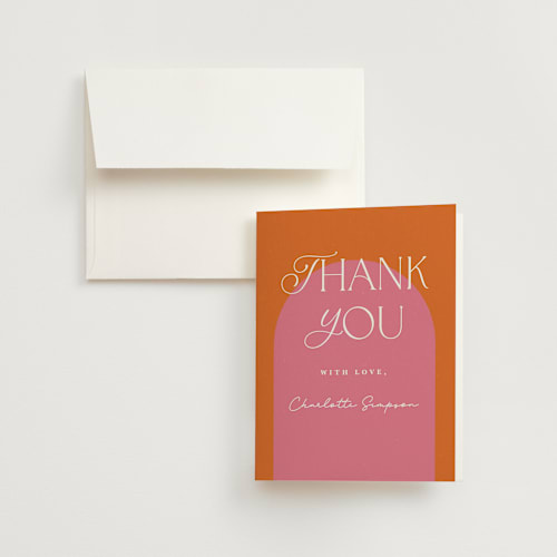 This is a tangerine wedding thank you cards with standard by Maria Alou called color block arch printing on strathmore in standard