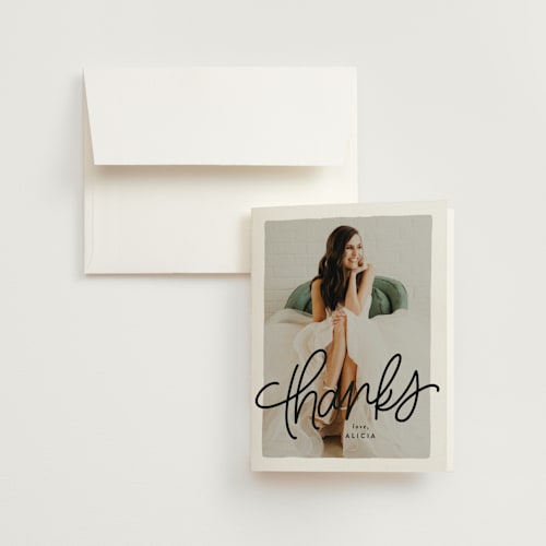 This is a blush wedding thank you cards with standard by Lea Delaveris called a big day getaway printing on strathmore in standard
