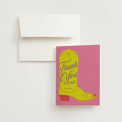 This is a peony wedding thank you cards with standard by Baumbirdy called boots printing on strathmore in standard