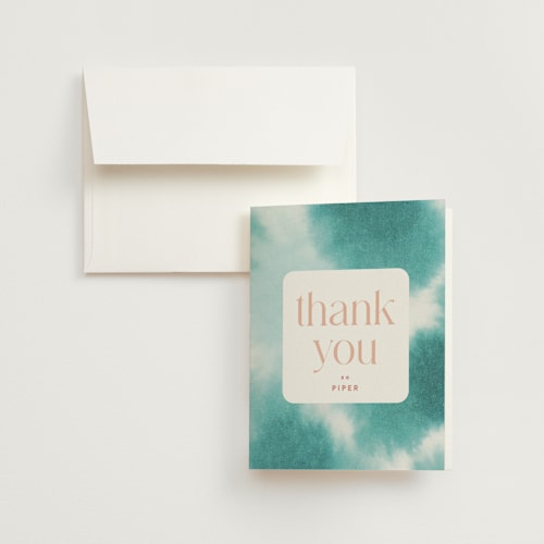 This is a turquoise wedding thank you cards with standard by Kate Ahn called dip dye printing on strathmore in standard