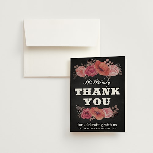 This is a chalkboard wedding thank you cards with standard by Honeybunch Studio called chalk blossoms printing on strathmore in standard