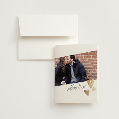 This is a gold wedding thank you cards with standard by Erin Deegan called floating hearts printing on strathmore in standard