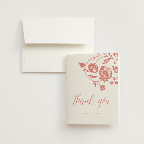 This is a blush wedding thank you cards with standard by Snow and Ivy called porcelain printing on strathmore in standard