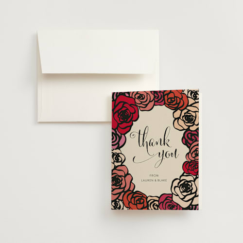 This is a cranberry wedding thank you cards with standard by Annie Walker called red roses printing on strathmore in standard