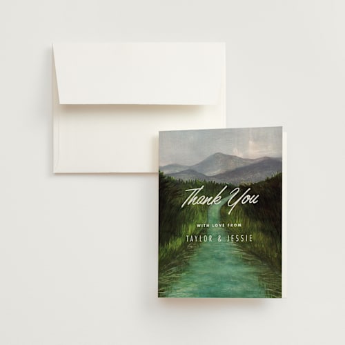 This is a forest wedding thank you cards with standard by Elly called adventure awaits printing on strathmore in standard