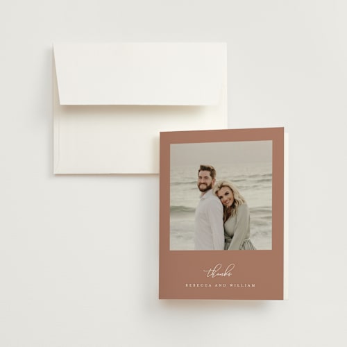 This is a coral wedding thank you cards with standard by Mansi Verma called sausalito printing on strathmore in standard