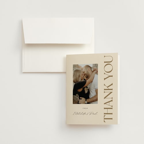 This is a almond wedding thank you cards with standard by Morgan Kendall called champagne printing on strathmore in standard