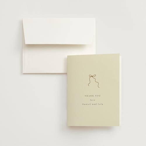 This is a cream wedding thank you cards with standard by Baumbirdy called bows printing on strathmore in standard