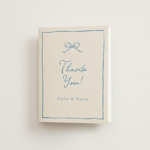 This is a dusty blue wedding thank you cards with standard by Cass Loh called ribbon bow drawing printing on strathmore in standard