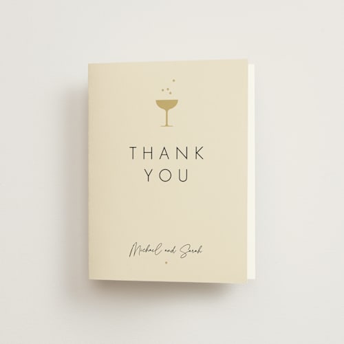This is a champagne wedding thank you cards with standard by mo kelley called a little shindig printing on strathmore in standard