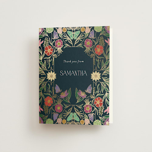 This is a midnight garden wedding thank you cards with foil pressed by Simona Camp called gilded tapestry printing on strathmore in standard