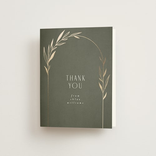 This is a moss wedding thank you cards with foil pressed by Kelly Schmidt called botanical arches printing on strathmore in standard
