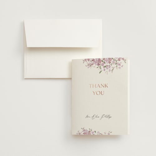 This is a lilac wedding thank you cards with foil pressed by Itsy Belle Studio called botanical cheers printing on strathmore in standard