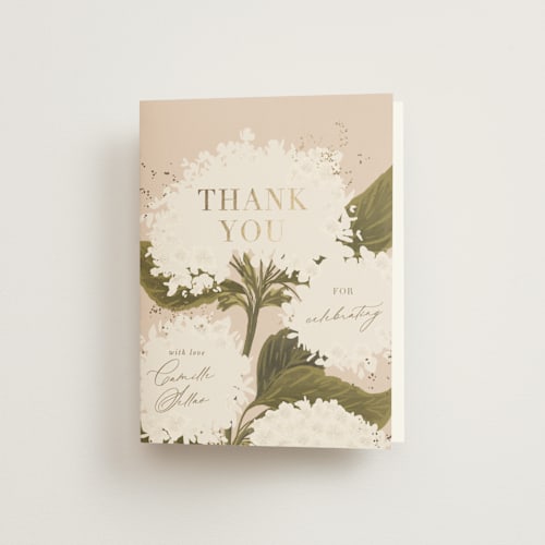 This is a blush wedding thank you cards with foil pressed by Leah Bisch called hydrangea printing on strathmore in standard